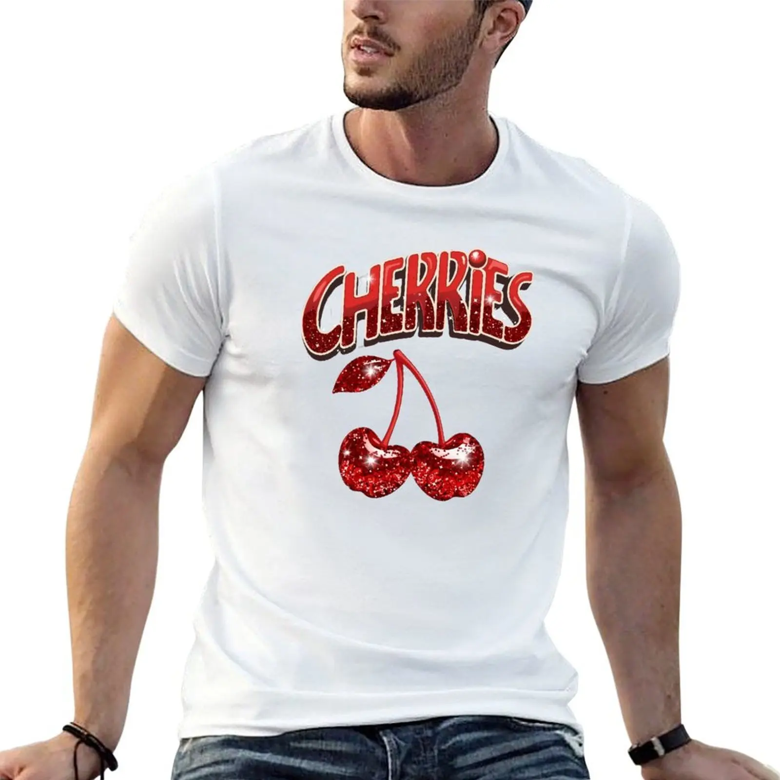 Printed Glitter Red Cherries T-Shirt korean fashion oversized oversized t shirts for men