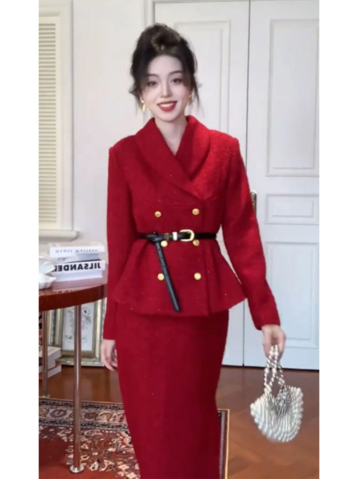 80s Hong Kong Style Wedding Dress Red Suit Set for Bride Autumn Winter New Home Visit Ceremony Fashionable Women's Ensemble