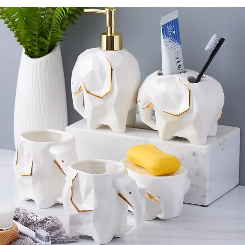 Bathroom Accessories Set Cute Elephant Toothbrush Holder Soap Dispenser Toothpaste Cup Box Ceramics