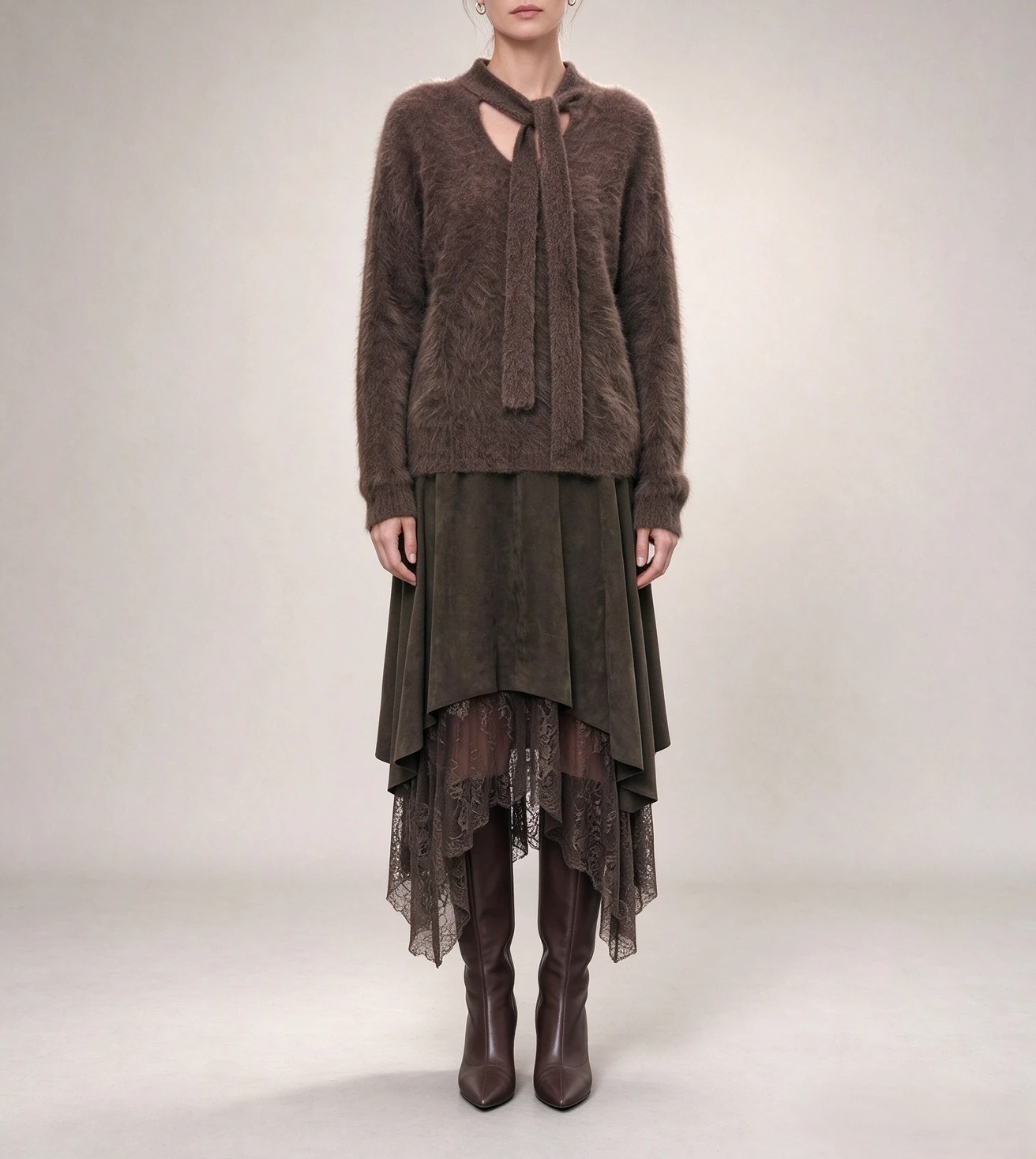 Women's Vintage Faux Suede Midi Skirt, Asymmetric Hem Lace Patchwork Flowy High Waist Casual A-line Skirt