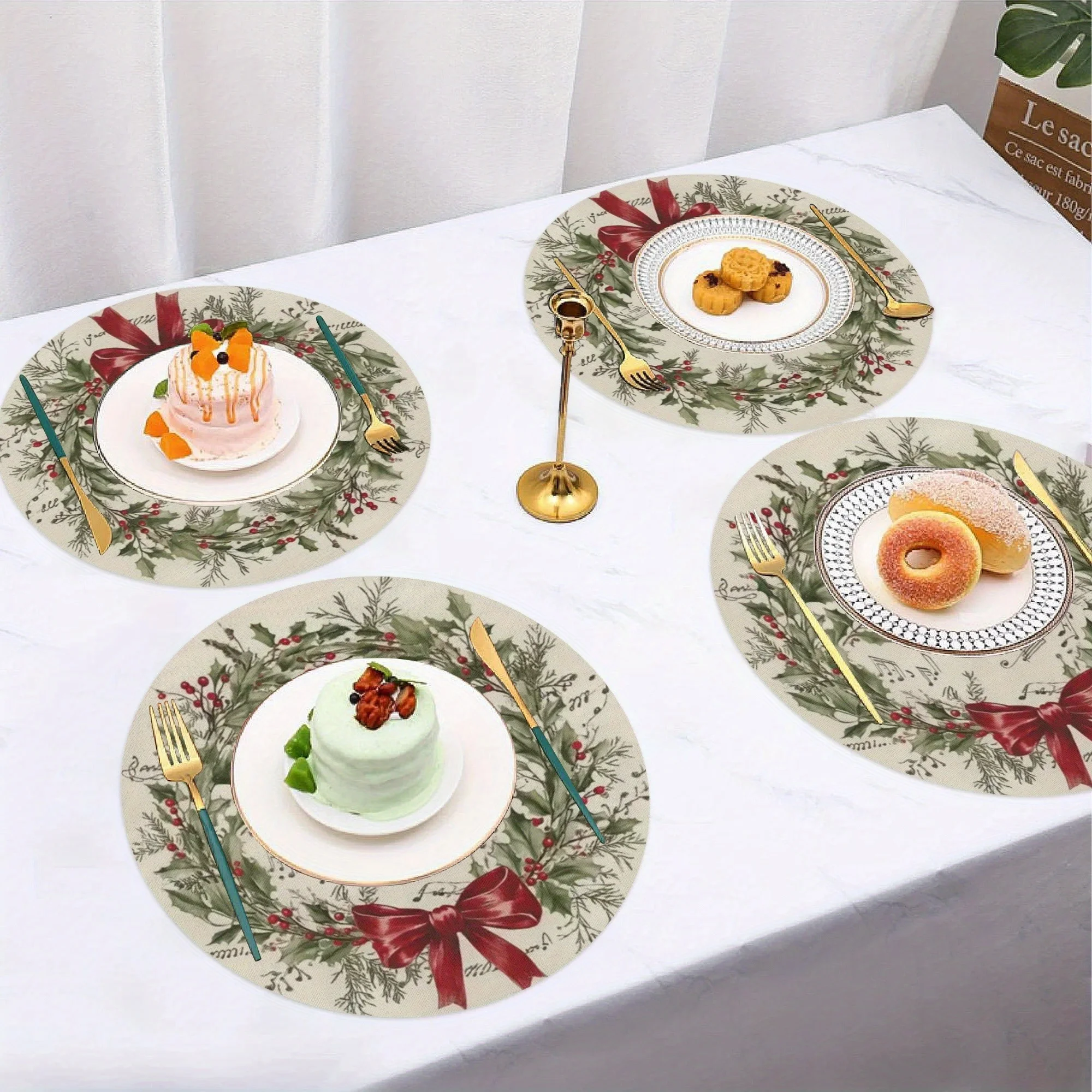 VIKAMA 4PC Christmas Holly Berry Meal Mat Green Winter Red Leaves Red Berry Music Bow Table Christmas Party Decoration