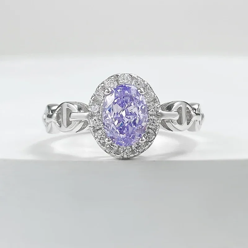 Nuovo anello in argento S925 con diamante ad alto tenore di carbonio 5*7mm con diamante viola lavanda per gioielli, moda quotidiana, stile di lusso leggero