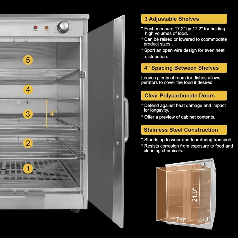 5-Shelf Electric Hot Box Food Warmer for up to (10) 16" Pizza Boxes, Countertop Heated Holding Cabinet for Pretzels,Warming Oven