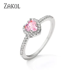 ZAKOL Romantic Pink Heart CZ Engagement Rings for Women Fashion AAA Cubic Zirconia Wedding Bands Jewelry RP2327