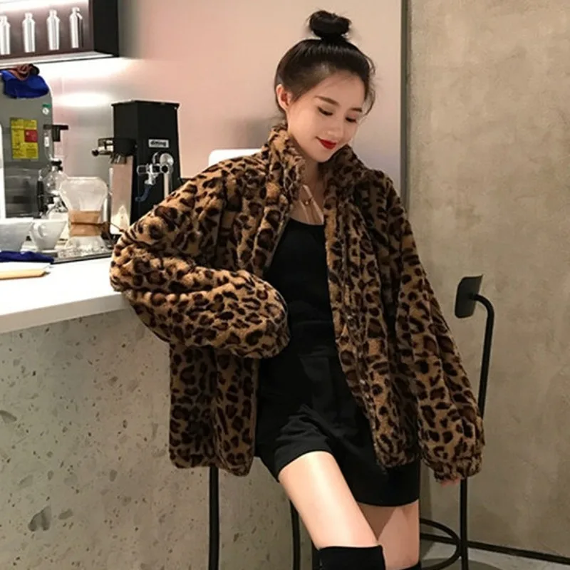 Imitation Fur Coat for Women, Loose Oversized Fuzzy Parkas, Vintage Leopard Stand Neck, Zipper Jacket, Casual Streetwear, Winter