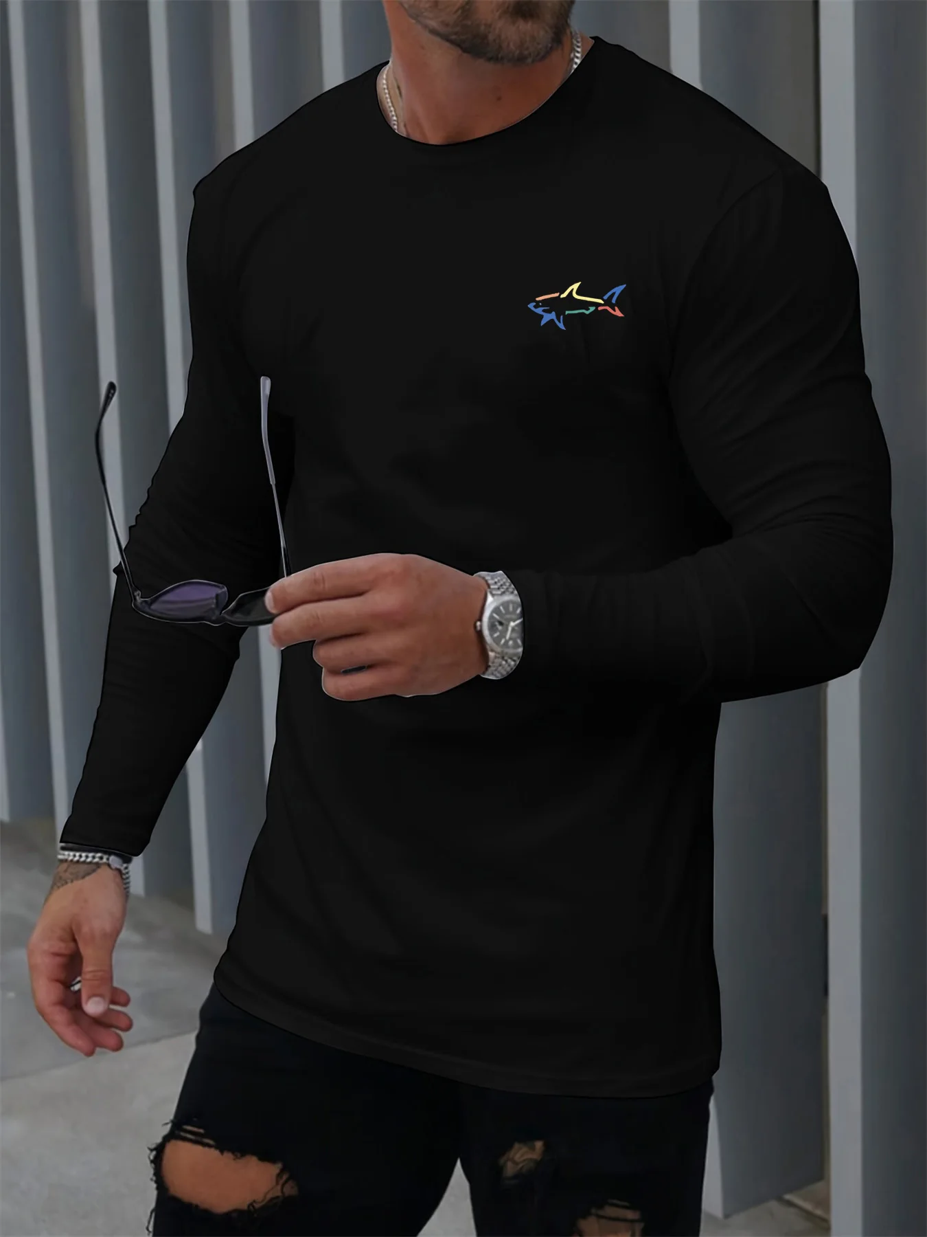 Men's Spring and Autumn 100% Cotton Comfortable Casual Shark Pattern Printed Round Neck Long Sleeve T-shirt Top