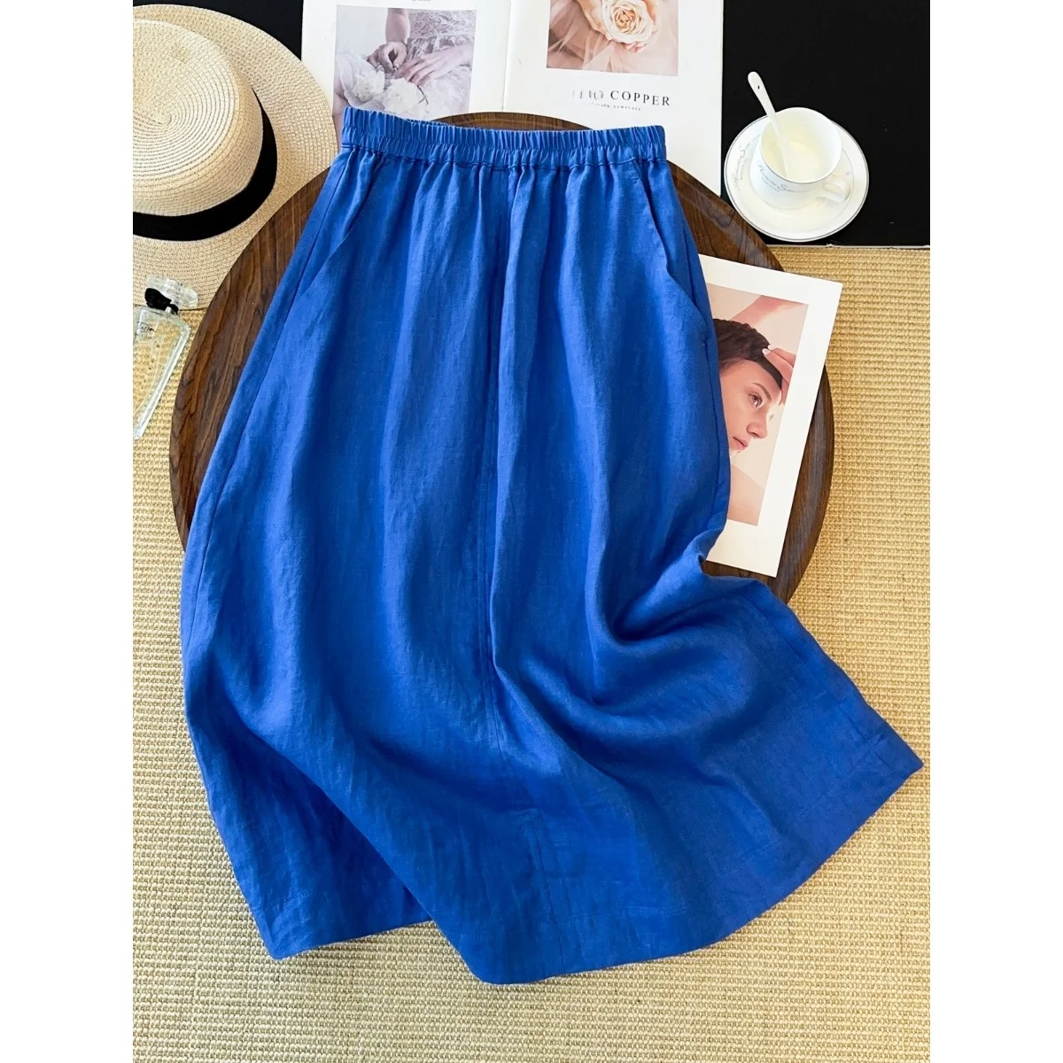 Summer New Pure Color Large Size Artistic Straight Cut Thin Natural Waist Half Skirt for Women Back Split Mid-Length Skirt