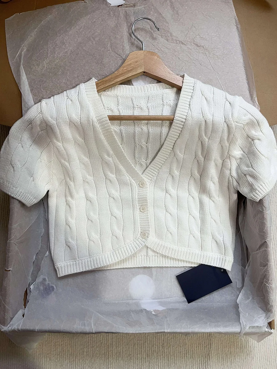 Single-Breasted Cable Knit Sweater T-Shirt Women Summer Short Sleeve Casual Crop Top Shirts Y2K Fashion Tees Tops Blouse 2025