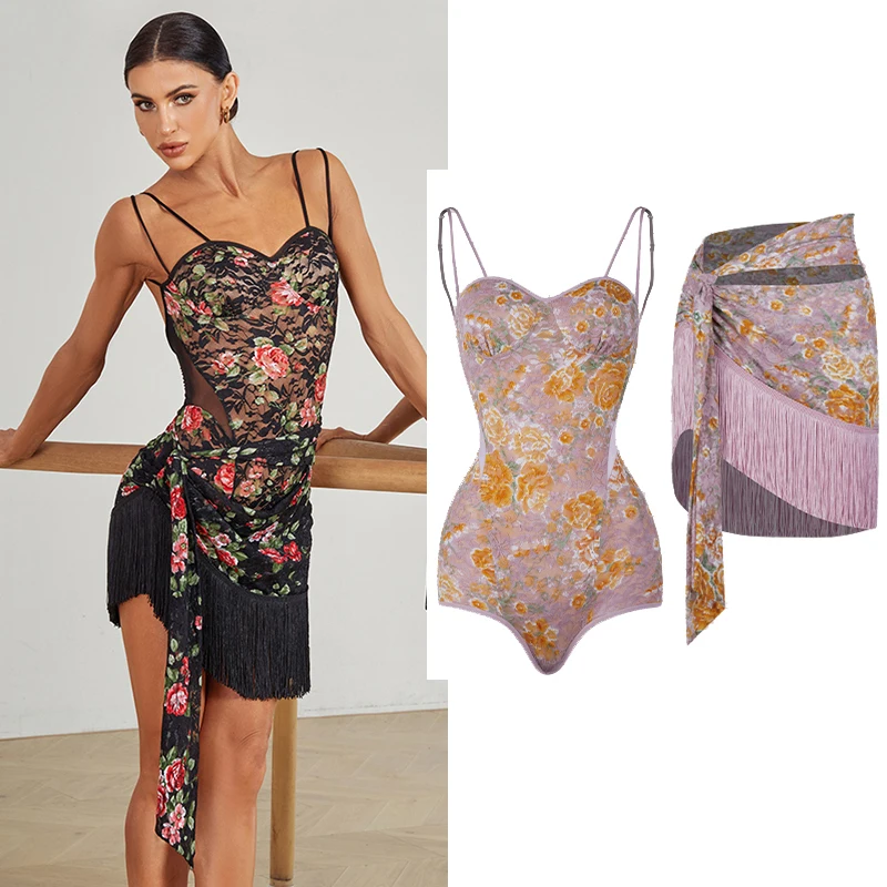 

Latin Dance Costume Women Flower Print Tops Skirt Summer Latin Practice Wear Cha Cha Rumba Salsa Performance Dress