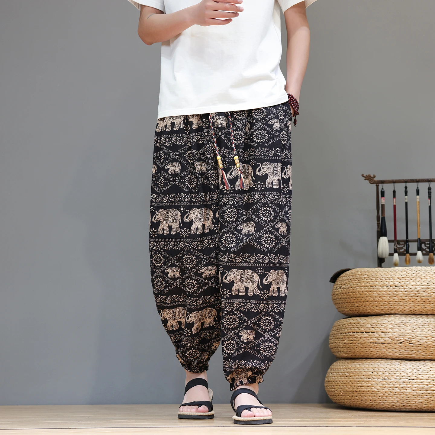 Calças Masculinas Estilo Tradicional, Roupas Masculinas Impressas em Algodão e Linho, Calças Harem de Verão, Pantalones Hippies para Homens