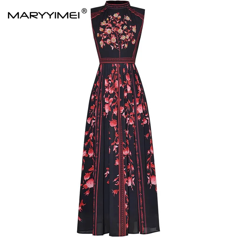 

MARYYIMEI Fashion Summer Women's Stand Collar Sleeveless Beading Crystal Vintage Print Black High Waisted Dresses