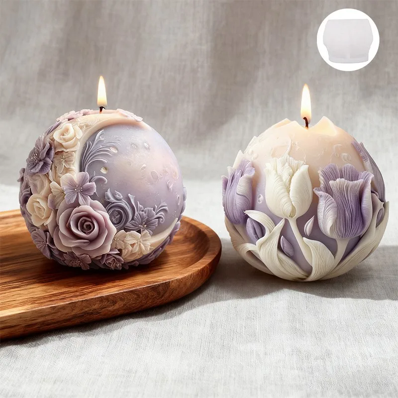 Spherical Moon Flower Scented Candle Silicone Mold DIY Tulip Flower Relief Diffuser Gypsum Resin Ornaments Mould