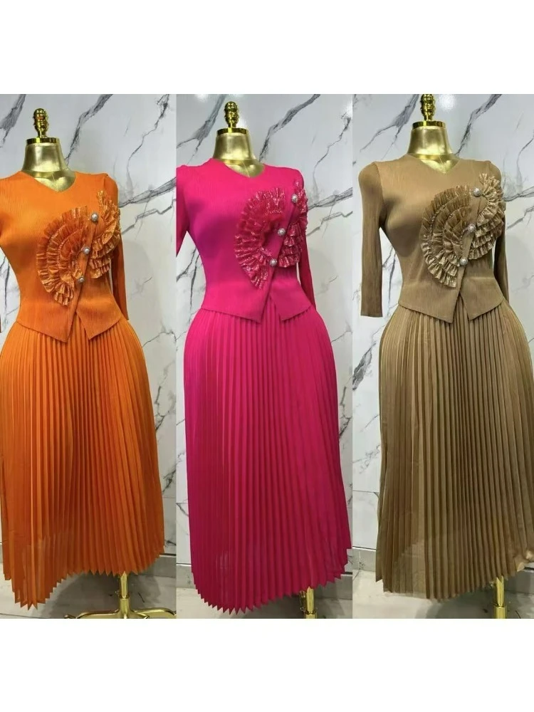 

Miyake Bronzing Hand-cranked Flower Dress Nail Buckle V-neck Solid Color Loose Long Dresses Women's Clothing 2025 Summer New