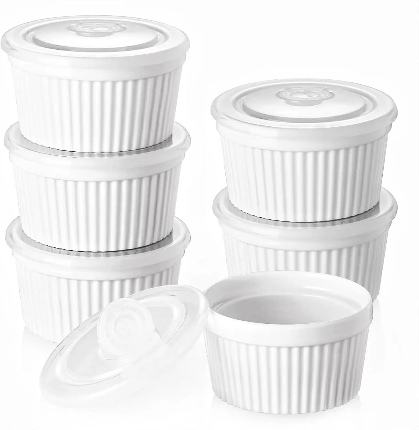 

4 oz Porcelain Ramekins with Lids, Oven Safe, Set of 6, White