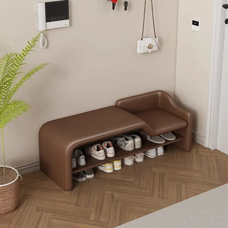 Art Curved Entry Change Shoe Stool Two-Tier Different Height Padded Bench with Open Shoe Rack Kid & Adult Shared Hallway