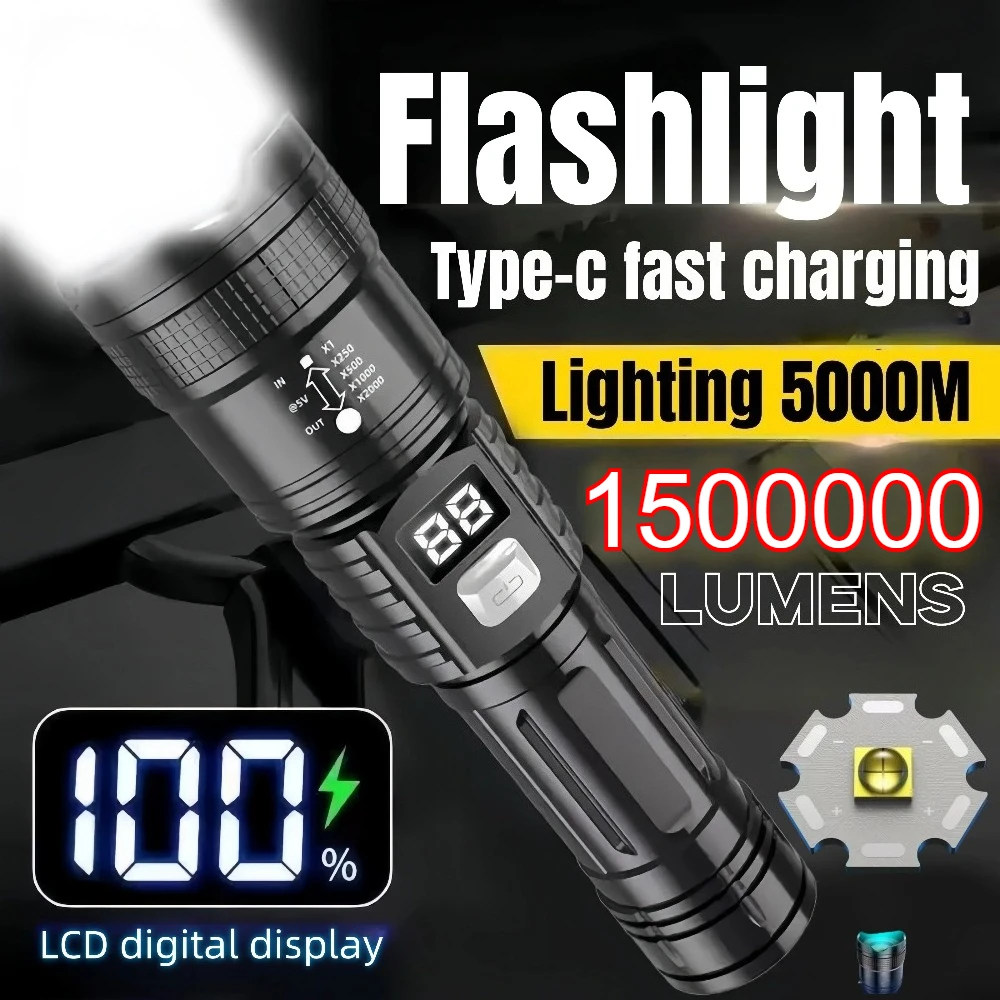 1500000LUM LED-Taschenlampe, leistungsstarke, wiederaufladbare Typ-C-Taschenlampe, zoombares Licht für Outdoor-Camping, Wandern, Notfall-Laterne