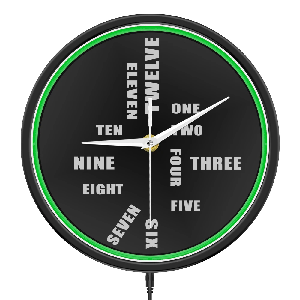 English Word Number Metal Frame Wall Clock with LED Backlight for Game Room Cafe Home Decor Luminous Neon Night Light Wall Clock