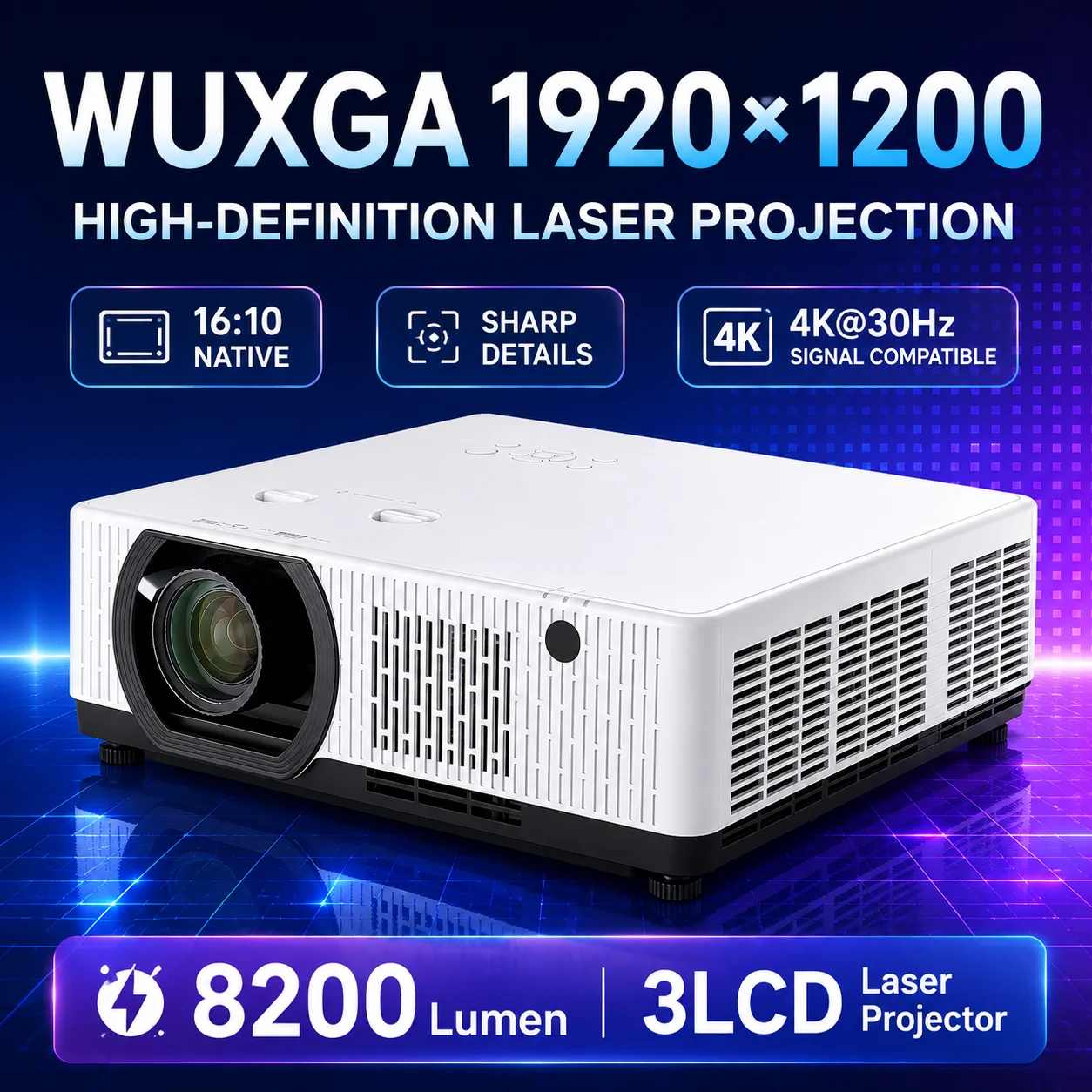8200 Lumens WUXGA 3LCD Laser Projector with Lens Shift Edge Blending for Large Venue Installation