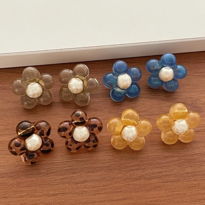 Minar Temperament Candy Color Leopard Acrylic Resin Imitation Pearl Flower Dangle Earrings for Women Girls Holiday Daily Jewelry