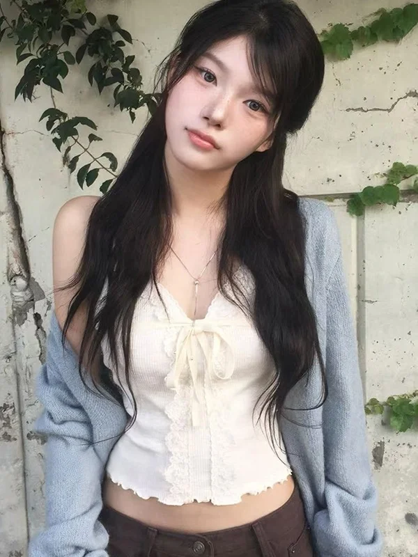 

Корейский стиль: вязаный кардиган с кружевной отделкой, большие размеры, V-образный вырез, длинный рукав, свободный крой, осенняя мода, универсальный, стройнящий, комплект из двух предметов