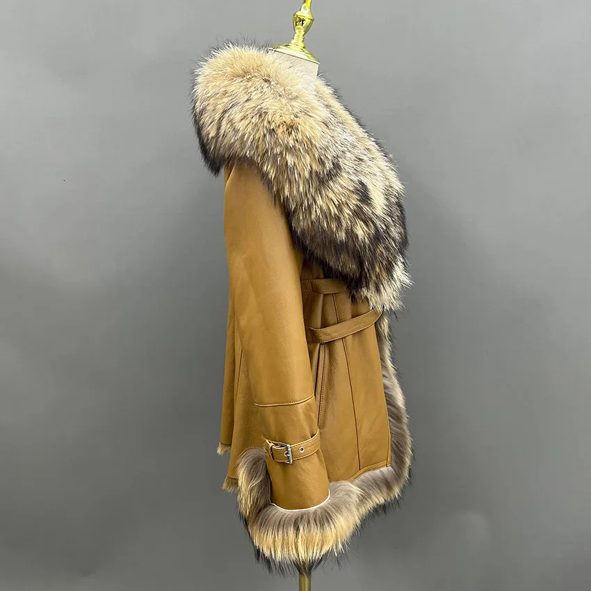 Janefur casaco feminino de shearling de ovelha com gola de pele de guaxinim feminino lã de cordeiro jaqueta quente e grossa JFB9-25005