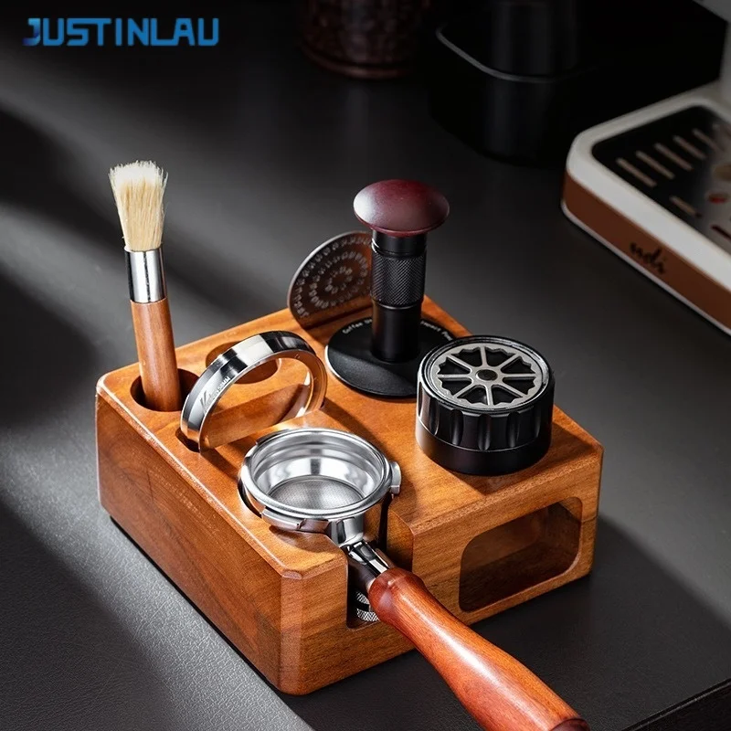 JUSTINLAU 58mm Coffee Tamper Station Walnut Portafilter Holder Distributor& Tamper Puck Screen Storage Base Espresso Accessories