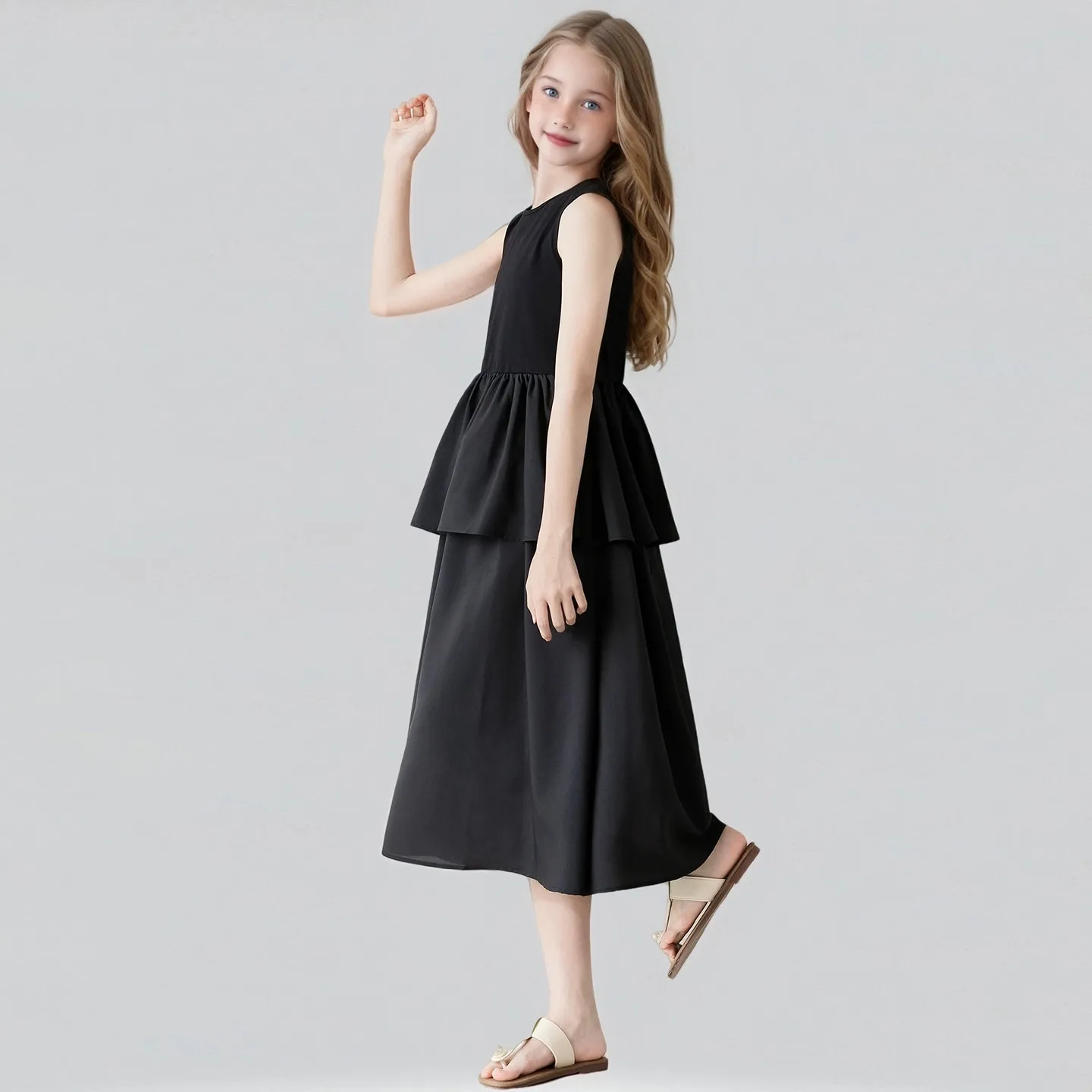 2026 ريترو الفرنسية الربيع الصيف المراهقين الفتيات قصيرة الأكمام توتو الطبقات الربط الأميرة انتفض فستان الأطفال 4 8 10 12 14 سنة #5