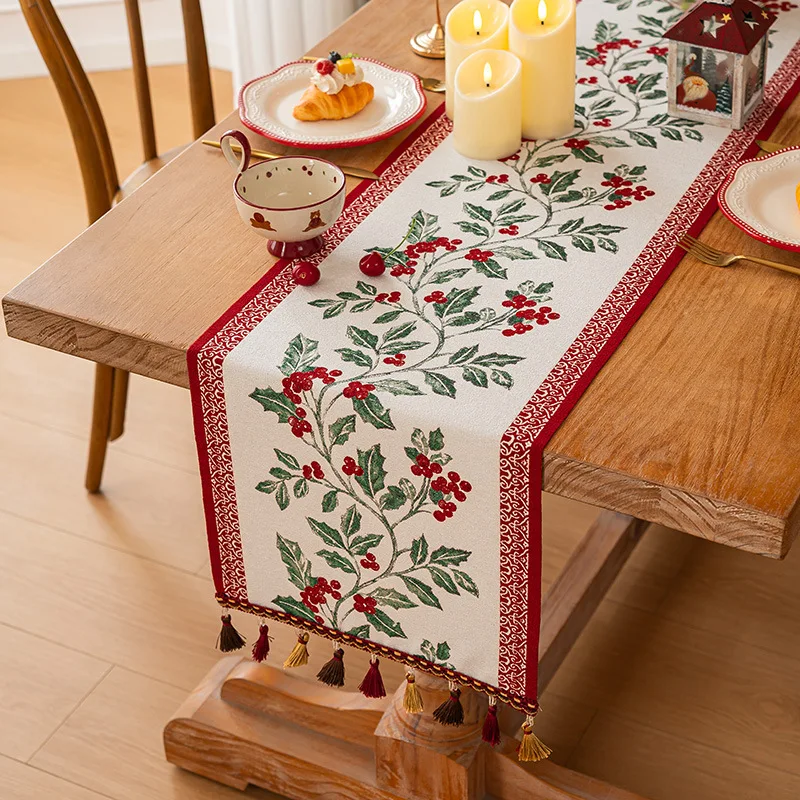 Christmas Elegant Table Runner Cherry Tablecloth Tassel Track on Table Kitchen Linens Home Party Decor Items Festive Decorations