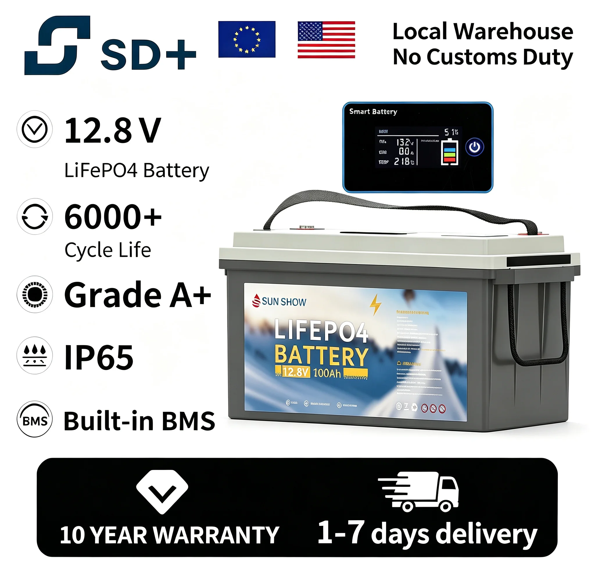SANDISOLAR 12V LiFePO4 Battery 12.8V 100Ah 1280Wh｜6000 Cycles for Solar Storage RV Marine