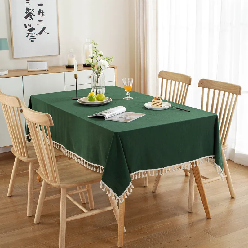 Cotton Green Easter Pure Color Tassels Cotton Tablecloth Washed  Christmas Table Cover for Home Party Dining table Decora