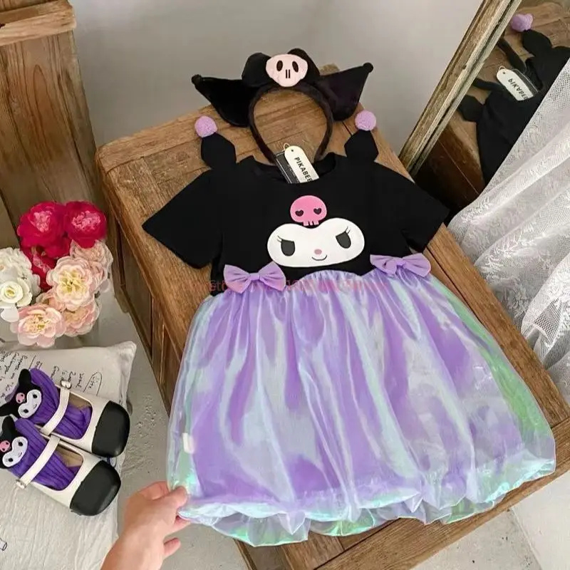 Sanrio Kawaii Kuromi Cartoon Girls Mesh Bud Dress Summer Anime Girly Heart Cute Sweet Kids Abito da principessa a maniche corte