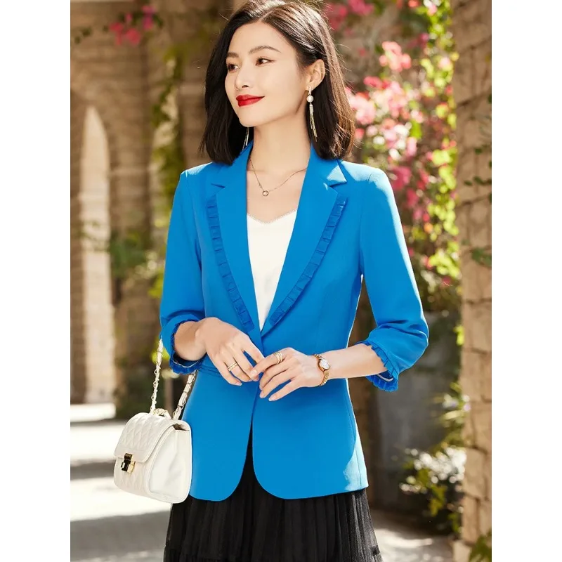 Blue Formal Women Suit Blazer Office Lady White Solid Color 3/4 Full Sleeve Female Jacket For Spring Summer One Button Coat