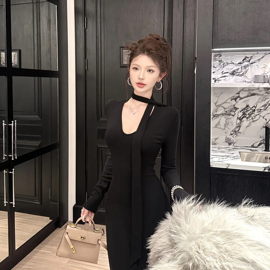 

Ретро-сексуальная вязаная облегающая длинная юбка-обертка с V-образным вырезом для женщин, осенне-зимняя новинка, с завышенной талией, удобная для повседневной носки