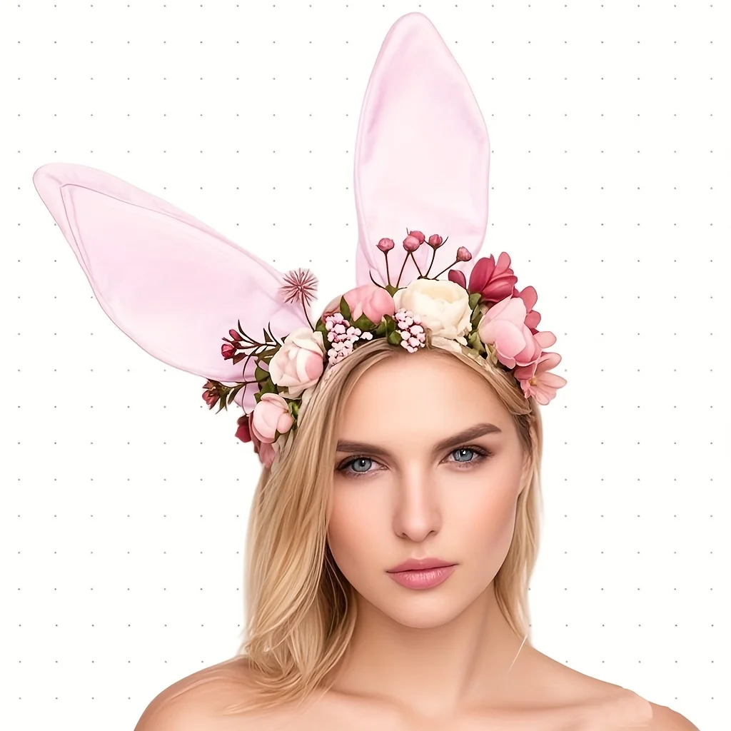 

1 шт., милая розовая повязка на голову с заячьими ушками и цветочным принтом, идеально подходит для вечеринок по случаю дня рождения и рождественских пасхальных праздничных аксессуаров для волос