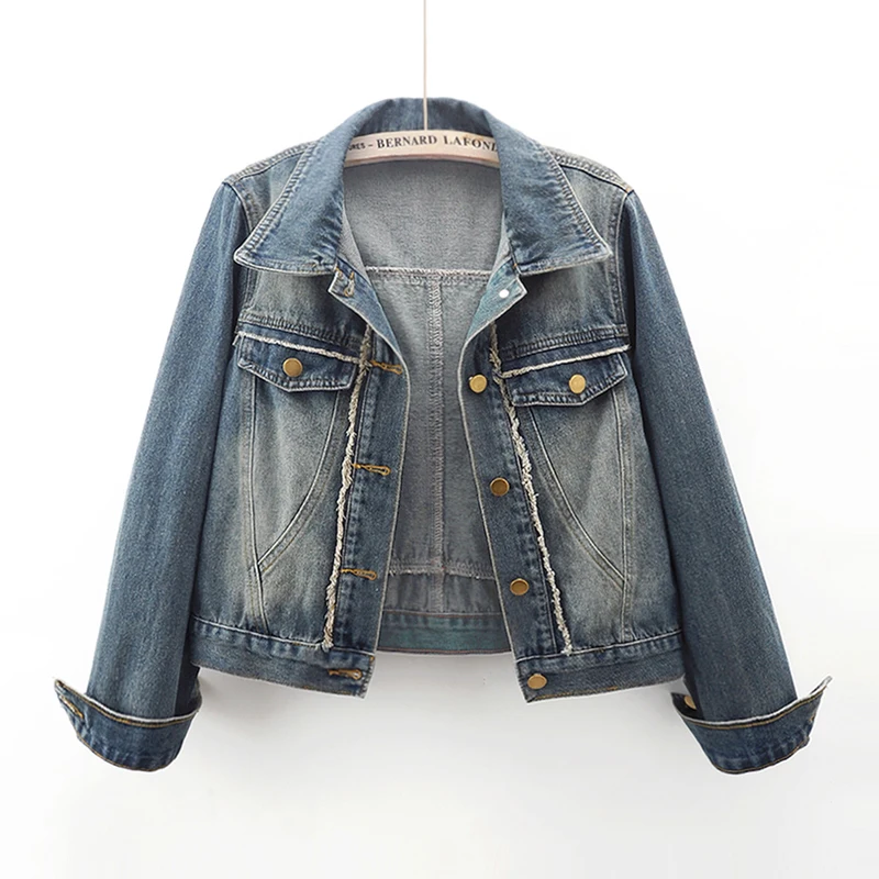 

Vintage Blue Frayed Denim Jacket Women Casual Long Sleeve Cowboy Outerwear Spring Autumn Loose Short Jeans Jacket Coat Female