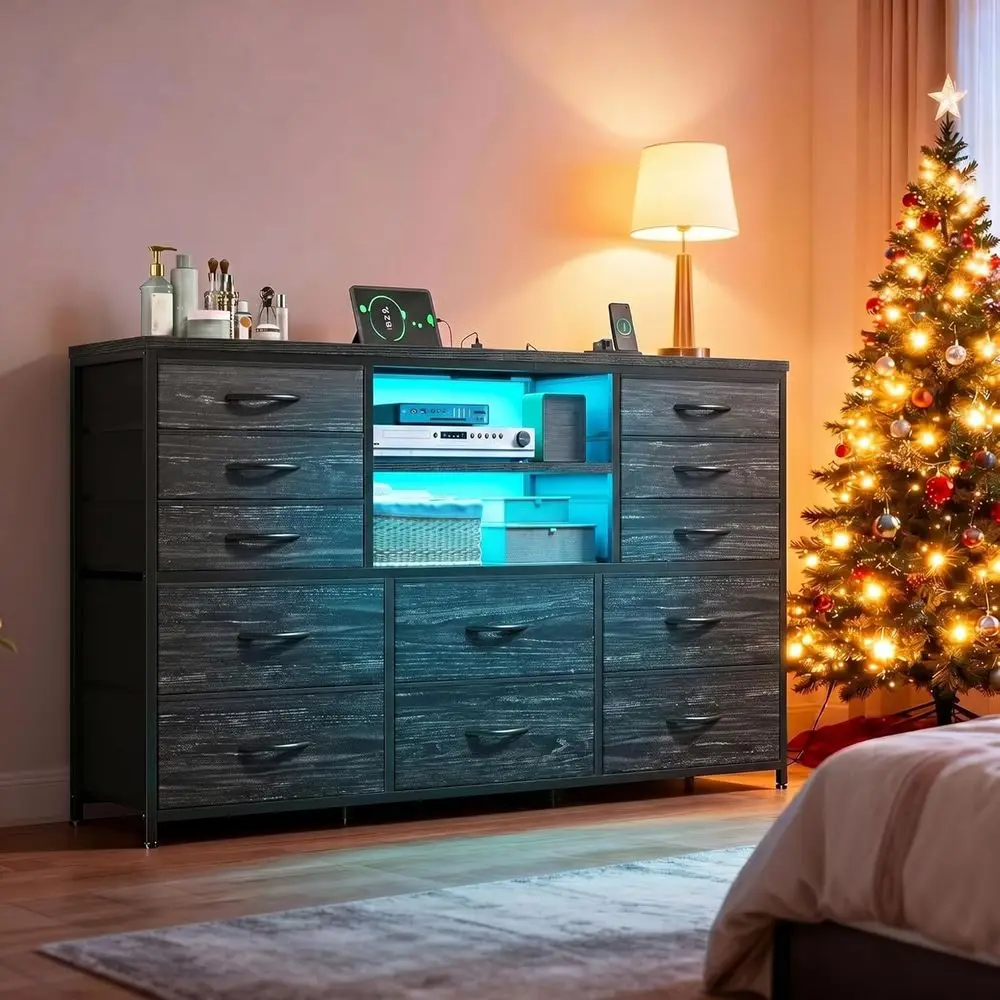 12-Drawer Dresser with LED Lights and Charging Station, 35.4 Tall TV Stand for 55-60 TVs, Fabric Drawers and Chests with Wooden