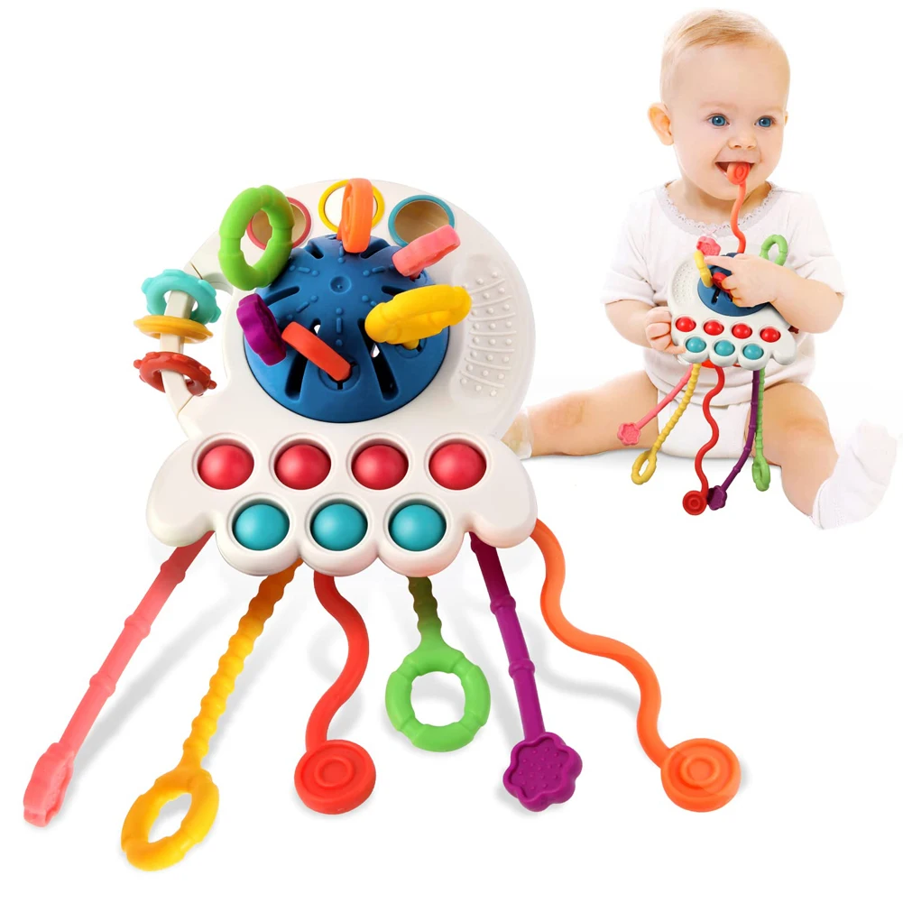 Montessori Pull Rope Toys Baby Silicone Pull String Teether Sensory Toys UFO Grip Training Motor Skill Educational Toys For Kids