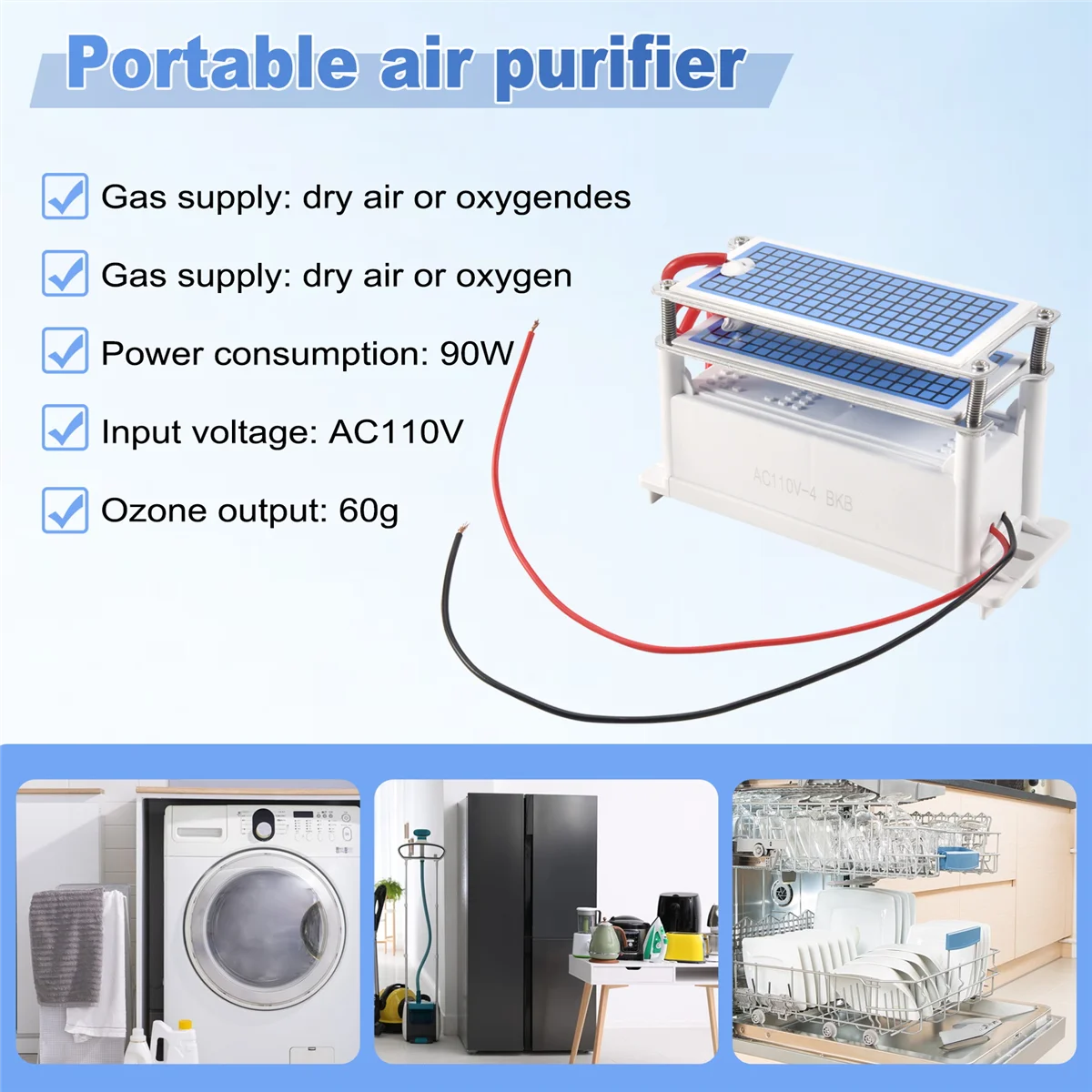 Generador de ozono de 110V, 60G/H, purificador de aire portátil, ozonizador, ozonizador para el hogar, máquina de ozono O3, larga vida útil, LITE