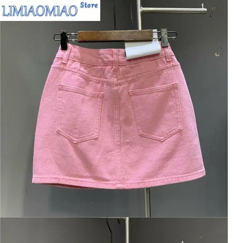 Heavy Industry Hot Drilling High-End Denim Skirt Spring And Summer High Waist Pink Sexy A-Word Skirt