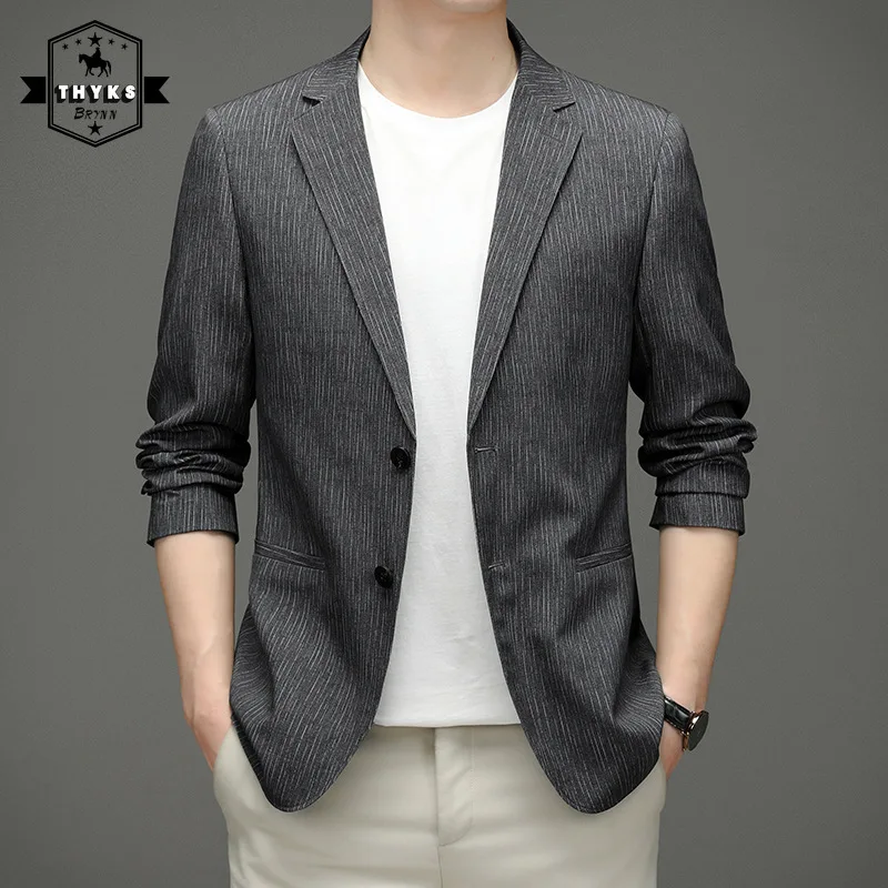 

Mens Gray Striped Blazers Formal Jacket Casual Slim Fit Good Quality Single Breasted Suit Korean Fashion Coats Elegant Outwear