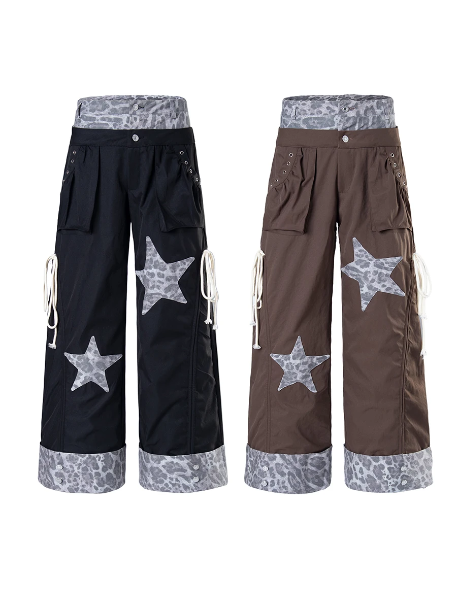 

Casual Loose Wide Leg Pants Double Waist Design Men's Women's American Leopard Print Patchwork Comfortable Straight Cut Trousers