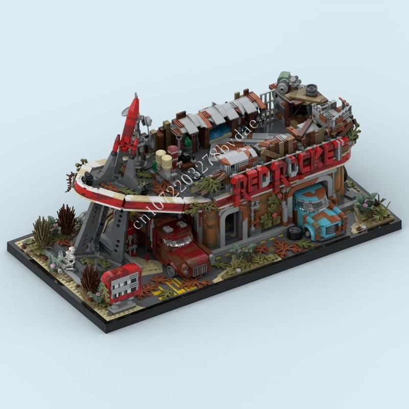 

5725PCS Red Rocket Gas Station MOC Creative street view Model Building Blocks Architecture DIY Education Assembly Model Man