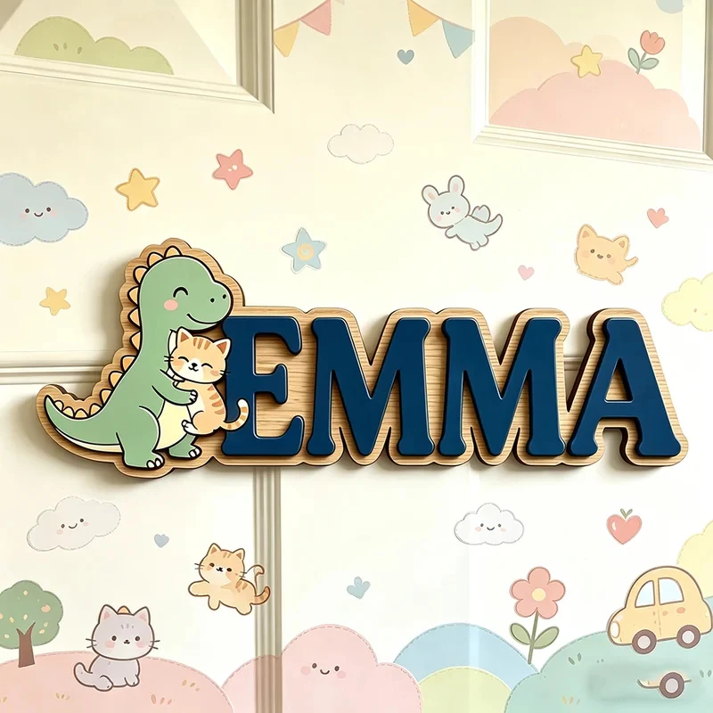 Cute Dinosaur Hugging Cat Custom Name Plaque, 3D Wooden Kids Door Sign, Personalized Nursery Wall Art, Baby Gift