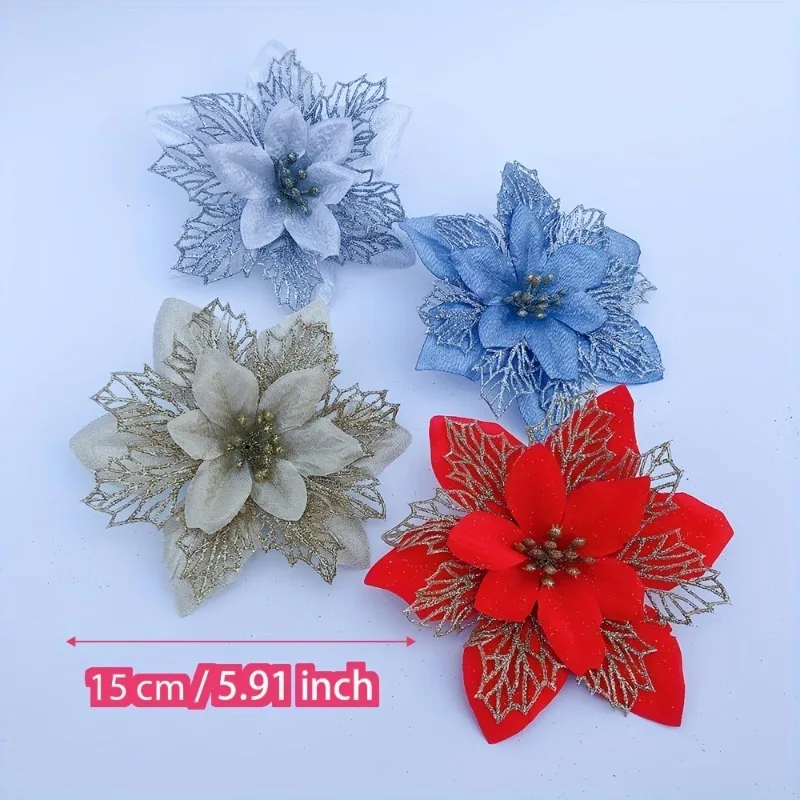 15cm Multi-colored Christmas Flowers with Three Layers Featuring A Golden Hollowed-out Mesh Garland Vine Decorations