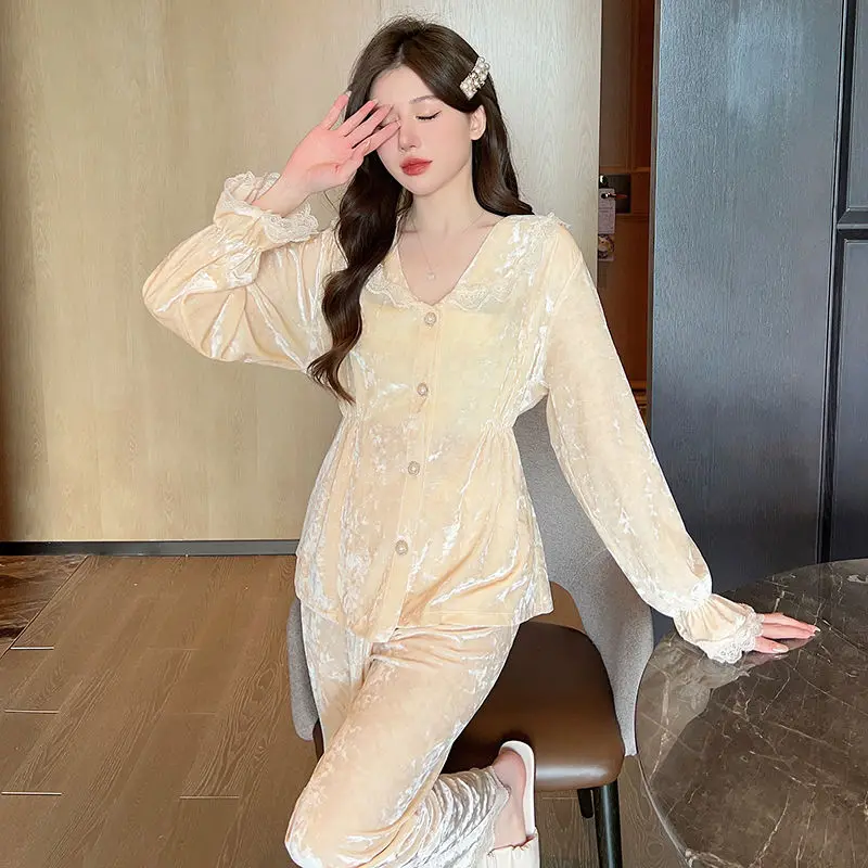 Can Worn Outside The Home Clothes Large Size Slimming Pyjamas Korean Version of Gold Diamond Velvet Sweet Princess Wind Two Sets