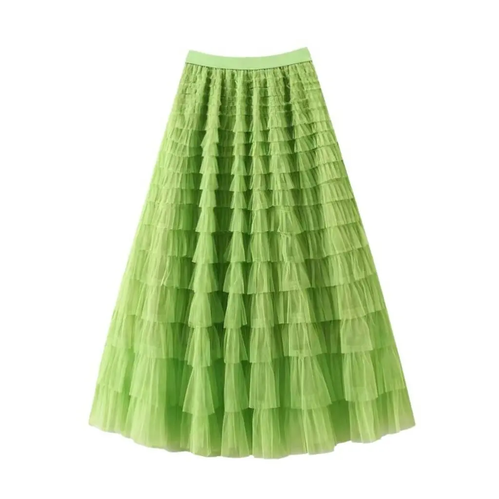 

Spring Summer European American Style Mesh Stitching Cake Skirt Long Skirt WISH Design for Women