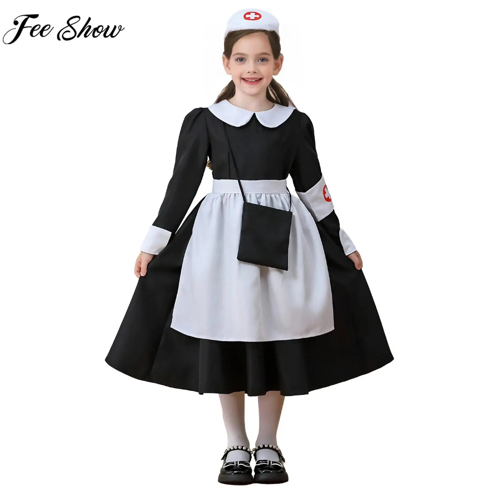 

Костюм медсестры и доктора для девочек, платье с лацканами и фартуком, повязка для волос, тематическая вечеринка на Хэллоуин, детский день, одежда для косплея