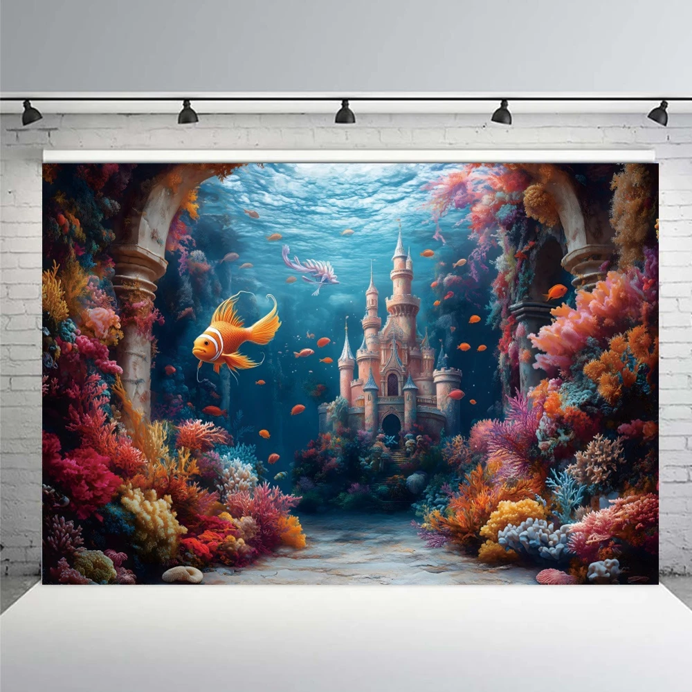 Underwater World Castle Backdrop Photography Seabed Coral Aquarium Fish Tank Decoration Kids Baby Shower Background Studio Prop﻿