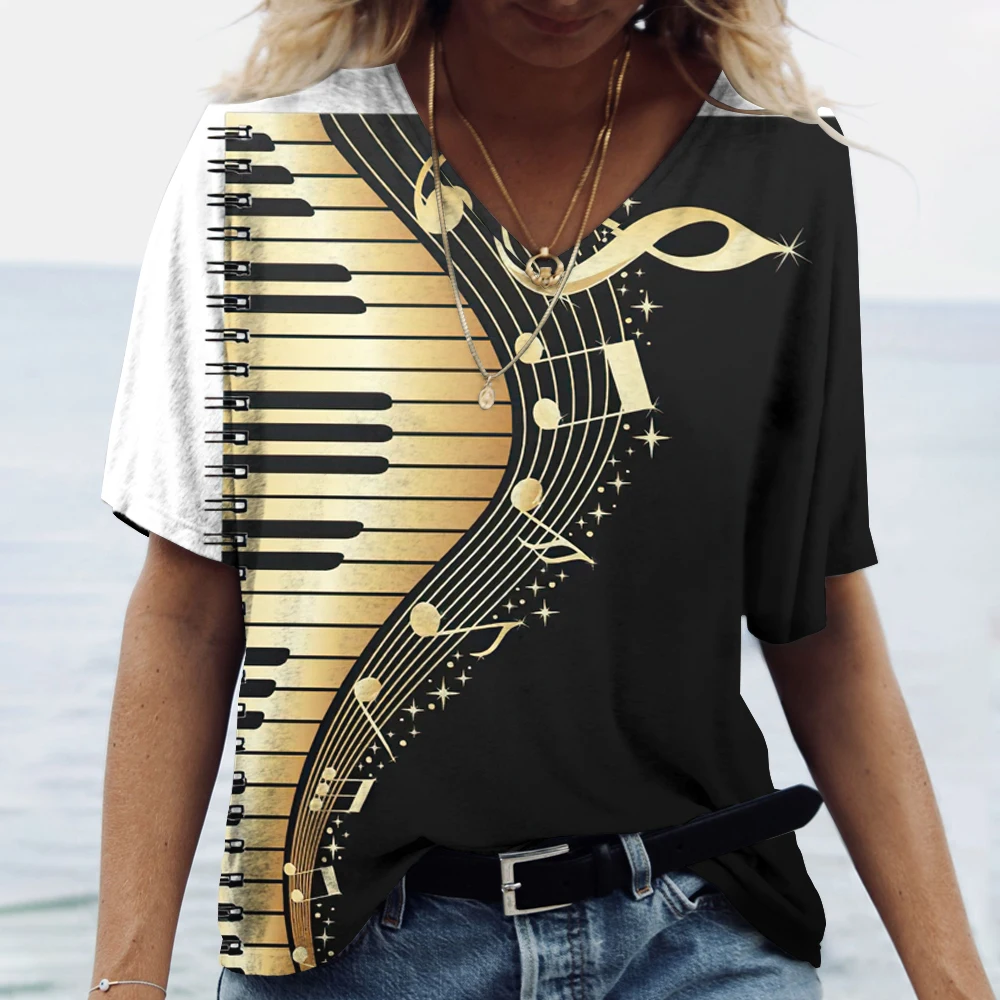 T-shirt imprimé piano musical pour femme, pull à col en V, vêtements Harajuku, t-shirts basiques d\'été à la mode, manches courtes