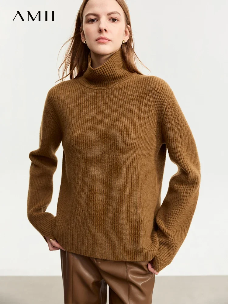 

AMII 2023 Winter New Turtleneck Split Woolen Sweater For Women Color Block Patchwork Drop-shoulder Sleeve Knitted Cozy 12374011